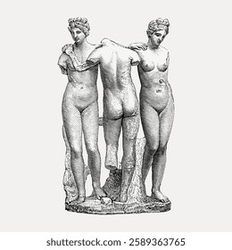 Classical sculpture of three women, intricately detailed, showcasing ancient artistry. The women are depicted in a harmonious pose, embodying classical beauty. Vintage illustration isolated, vector.