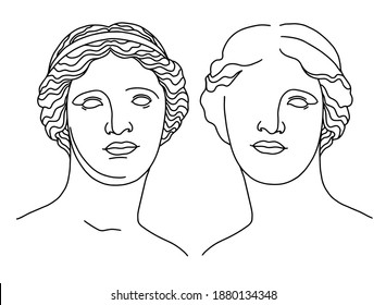 Classical sculpture. Vector hand drawn illustration of Aphrodite, statue of the head of Venus de Milo in front, line art