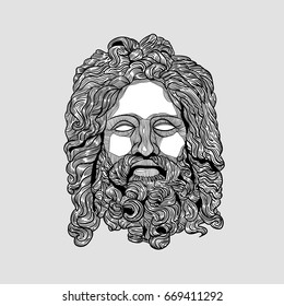 Classical Sculpture. Zeus. Summer style - palm leaf. Vector illustration hand drawn.