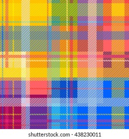 Classical Shirt Seamless Pattern. Checkered Plaid Vector Background. Retro Textile Design motifs. Chequered multicolored cotton fabric. Checkers, strips. Cotton-looking cloth texture. Rainbow colors.