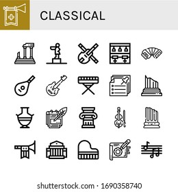 classical simple icons set. Contains such icons as Trumpet, Parthenon, Statue, Violin, Bar stool, Accordion, Lute, Electric guitar, Piano, can be used for web, mobile and logo