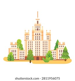 Classical skyscraper building isolated on white background. Vector illustration. Historic Stalinist architecture and city landmark.