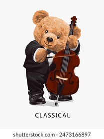 Klassischer Slogan mit Bärenpuppe, die klassisches Musikinstrument spielt Vektorillustration