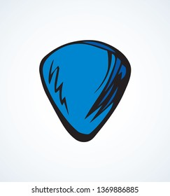 Classical small vibrant blue Plectra on white backdrop. Bright cyan color drawn object logotype emblem design sketchy in retro artistic doodle style pen on paper. Closeup view with space for text