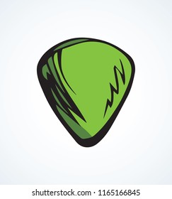 Classical small vibrant green Plectra on white backdrop. Bright lime color drawn object logotype emblem design sketchy in retro artistic doodle style pen on paper. Closeup view with space for text