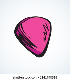 Classical small vibrant red Plectra on white backdrop. Bright magenta color drawn object logotype emblem design sketchy in retro artistic engraved style pen on paper. Closeup view with space for text