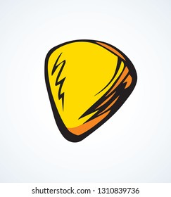 Classical small vibrant yellow Plectra on white backdrop. Bright golden color drawn object logotype emblem design sketchy in retro artistic doodle style pen on paper. Closeup view with space for text