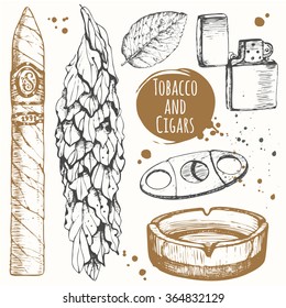 Classical smoking set. Bunch of tobacco and cigars in sketch style. Vector illustration with ashtray, lighter. 