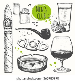 Classical smoking set. Cuban rum and cigars in sketch style. Vector illustration with ashtray, lighter, pipes, guillotine. 