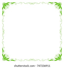 Classical square frame with leaves and curls. Colorful green image on white background. Isolated vector.