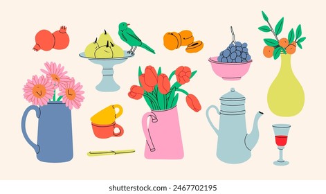 Classical still life picture elements. Flowers in vase, fruits on plate, jug with drink, cups. Hand drawn colorful Vector illustration. Isolated design elements. Poster, icon, logo, print templates