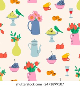 Classical still life picture elements. Flowers in vase, fruits on plate, jug with drink, cups. Hand drawn colorful Vector illustration. Square seamless Pattern, background, wallpaper