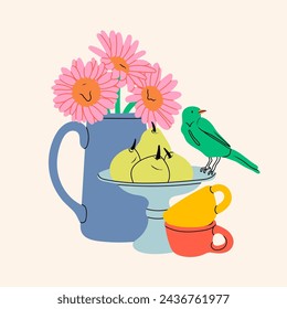 Klassisches Stillleben. Blumen in Gießkanne, Birnen auf fantasievollen Tellern, Tassen und kleine Vögel. Handgezeichnete bunte Vektor-Illustration. Isoliertes Konstruktionselement. Poster, Symbol, Logo, Druckvorlage