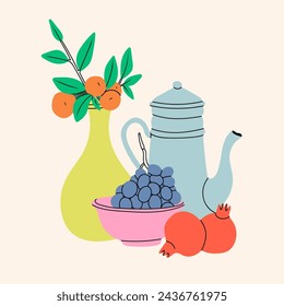 Classical still life picture. Mandarin branches in vase, grapes on plate, silver jug, pomegranate. Hand drawn colorful Vector illustration. Isolated design element. Poster, icon, logo, print template