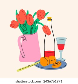 Classical still life picture. Tulips in vase, peaches on plate, bottle and glass with beverage. Hand drawn colorful Vector illustration. Isolated design element. Poster, icon, logo, print template