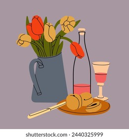 Classical still life picture. Tulips in vase, peaches on plate, bottle and glass with beverage. Hand drawn colorful Vector illustration. Isolated design element. Poster, icon, logo, print template