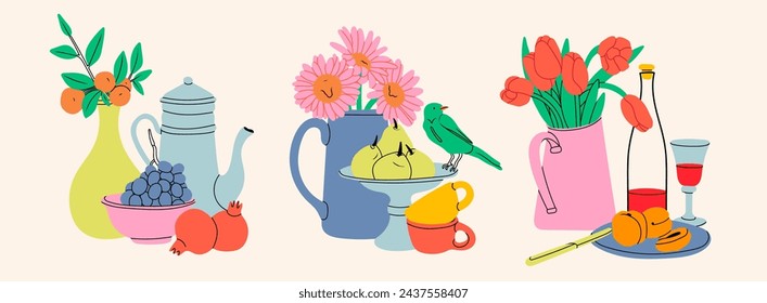 Classical still life pictures set. Flowers in vase, fruits on plate, bottle with drink. Hand drawn colorful Vector illustration. Isolated design elements. Poster, icon, logo, print templates
