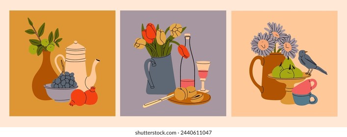 Classical still life pictures set. Flowers in vase, fruits on plate, bottle with drink. Hand drawn colorful Vector illustration. Isolated design elements. Poster, icon, logo, print templates