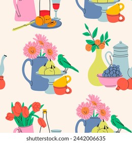 Classical still life pictures set. Flowers in vase, fruits on plate, bottle with drink. Hand drawn colorful Vector illustration. Square seamless Pattern, background, wallpaper