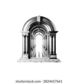 Classical stone archway with columns in halftone style. Monochrome architectural entrance illustration isolated on white for history, architecture, heritage and design.