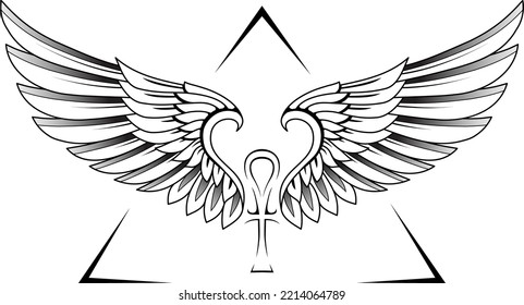 Classical style wings tattoo with Egypt ankh symbol