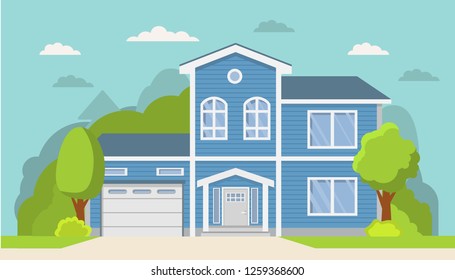 Classical suburban american house.Family home.Townhouse building apartment.Home facade with garage.Flat vector.Rural housing village.