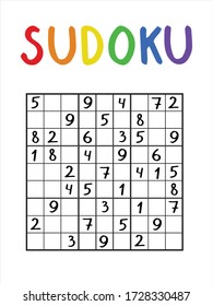 Classical sudoku game. Number logical game with colorful title. Japanese logic number puzzle for school homework. Sudoku stock vector illustration. Math game from one to nine number illustration.