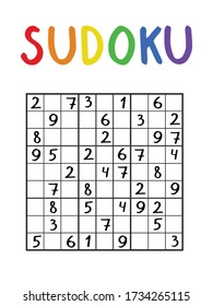 Classical sudoku game stock vector illustration. Nine by nine middle sudoku level puzzle without answers. Black and white logic number puzzle with colorful title. Sudoku stock vector illustration. svg