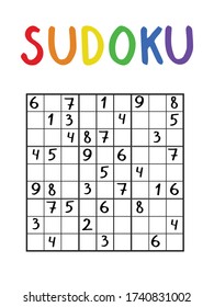Classical sudoku nine by nine for kids and adults. Logical number game. Black and white puzzle with colorful title. Logic math worksheet. Brainteaser from one to nine on white. Printable paper game.