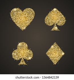 Classical Suit of playing cards. Illustration with golden glitter, shining dust. Vector icons. Symbols isolated on black background