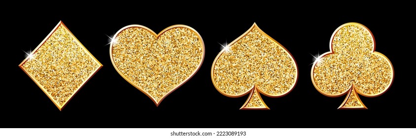 Classical Suit of playing cards. Illustration with golden glitter, shining dust. Vector icons. Symbols isolated on black background