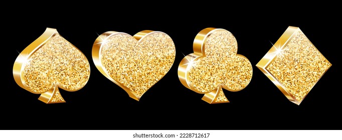 Classical Suit of playing cards. Illustration with golden glitter, shining dust. Vector icons. Symbols isolated on black background