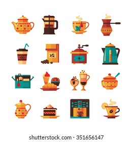 Classical tea and coffee icons set with sugar and milk pitcher in warm green brown yellow flat isolated vector illustration 