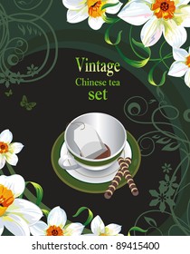 Classical tea cup illustration card. Vector background with Place for your text