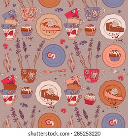 Classical tea time ritual, teacups and cupcakes. Wrap paper seamless pattern vector illustration