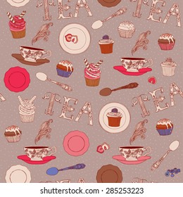 Classical tea time ritual, teacups and cupcakes. Wrap paper seamless pattern vector illustration