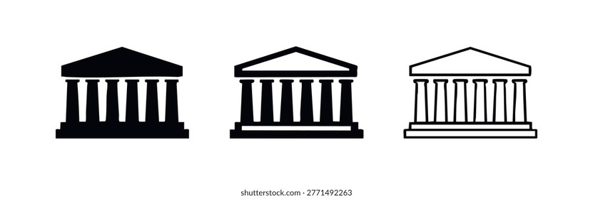 Classical Temple or Bank Building Icon Set - Solid, Outline, and Detailed Line Art Vector Illustrations