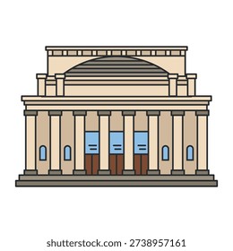 Classical theater building with large dome and colonnade facade. Flat outline style with soft colors. Vector illustration. Object isolated on white background.