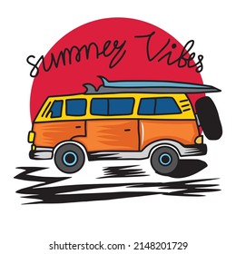 Classical theme on summer vibes vector illustration.  Design illustration surfing at summer time