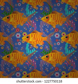 Classical tropical sea, wave, fishes, corals, fashion seamless pattern in orange, blue and yellow colors. Fashionable clothes. Embroidery sea life, sea, clown fish, tropical fishes seamless pattern.