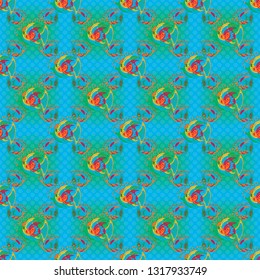 Classical tropical sea, wave, fishes, corals, fashion seamless pattern in orange, green and blue colors. Fashionable clothes. Embroidery sea life, sea, clown fish, tropical fishes seamless pattern.