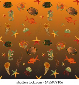 Classical tropical sea, wave, fishes, corals, fashion seamless pattern in brown, orange and magenta colors. Fashionable clothes. Embroidery sea life, sea, clown fish, tropical fishes seamless pattern.