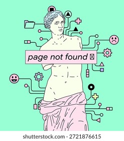 Estatua Clásica de Venus en rosa pálido, rodeada de íconos digitales retro flotantes y un Anuncio audaz de "página no encontrada" sobre un fondo verde azulado. Ilustración vectorial conceptual para temas de censura de internet, arte clásico en la era digital y ciberestética Y2K en un estilo retro lúdico.