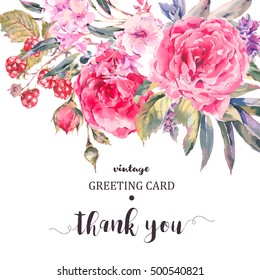 Classical vintage floral Thank You card, natural bouquet of roses, stachys, thistles, blackberries and wildflowers, botanical vector natural illustration