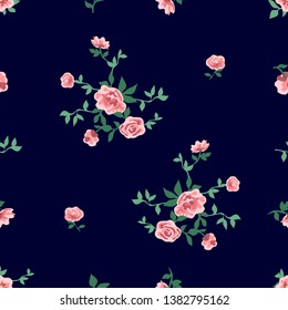 Classical vintage print. Seamless vector pattern with small pink roses on black background. Retro textile collection.