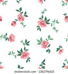 Classical vintage print. Seamless vector pattern with small pink roses on white background. Retro textile collection.