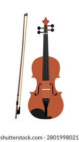 Classical violin and bow instrument isolated on a white background. Minimalist flat vector illustration of wooden string acoustic instrument for music education and concert posters.