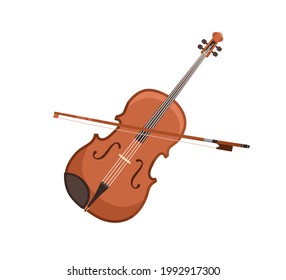 Classical violin and bow. Wooden fiddle with fiddlestick. Orchestra string music instrument. Colored flat vector illustration isolated on white background