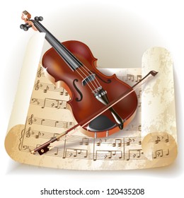 Classical violin with notes in retro style. Vector illustration.