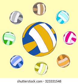 The classical volleyball surrounded with multi-colored balls